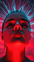 Poster - Enigmatic portrait of a woman with glowing lines against a vibrant red and blue background