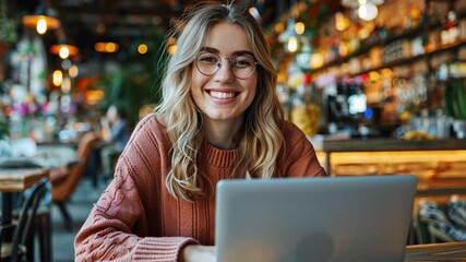 Poster - Smiling freelancer working on laptop in a vibrant coworking space during daytime