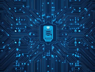 Poster - Futuristic Circuit Patterns with Central Robotics Symbol and AI Elements in Blue and Black