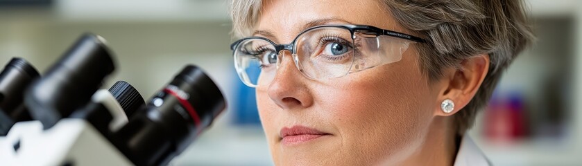 Poster - biologist focused on studying microorganisms under strong microscope illumination