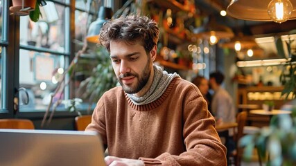 Poster - Freelancer working on laptop in a coworking space filled with greenery and warm lighting during daytime hours