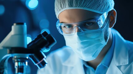 Poster - medical researcher analyzing human cells under microscope in laboratory environment