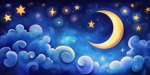 Watercolor Night Blue Sky Background with Stars and Crescent Moon Illustration