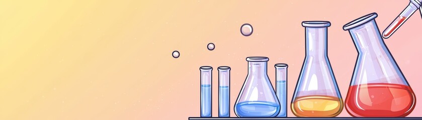 Poster - colorful laboratory equipment with chemical solutions in a scientific research banner background