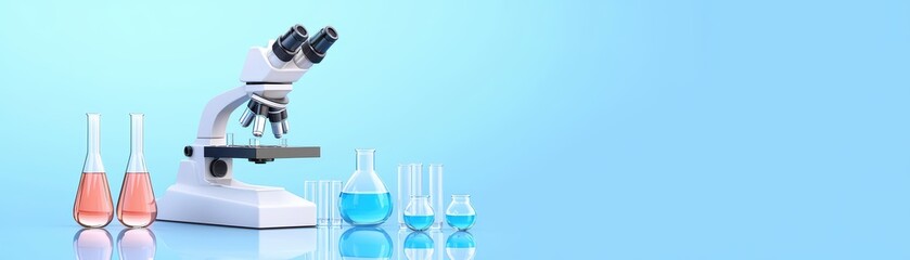 Poster - Scientific Research Laboratory Equipment with Microscope and Glassware on Blue Background