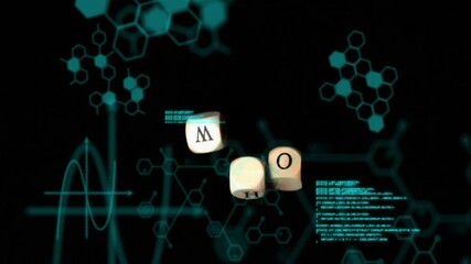 Poster - Hexagonal patterns and lettered cubes with scientific data processing animation