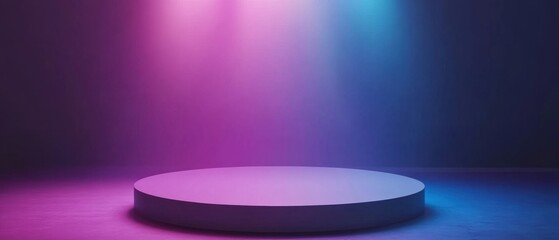 Poster - Empty round podium illuminated by vibrant neon lights in a modern studio for product showcase and presentation