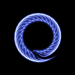 Poster - Light bright blue swirl glowing curved line with flickering light effect. Glow effect for game interface design on black background.