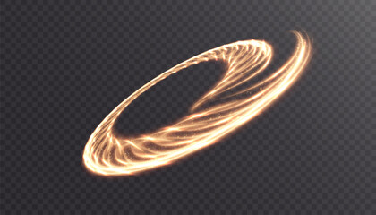 Fototapete - Shiny bright gold glowing curved line with magic light effect. Glow effect for game interface design on black background.