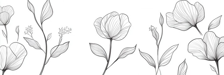 Aufkleber - Delicate botanical line art showcasing minimalist elegance with modern floral patterns on a clean white background