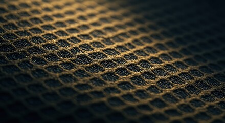 Golden Woven Fabric Texture - Macro Detail of Dark Mesh Material.
