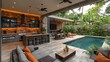 © scrollstudio - Modern outdoor kitchen with pool, tropical garden