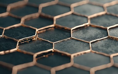 Poster - Abstract hexagon pattern, metallic gold wire on dark background.