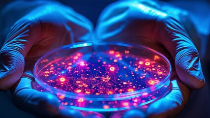 Aufkleber - This Glowing petri dish filled with stem cells displayed in a laboratory by gloved hands.