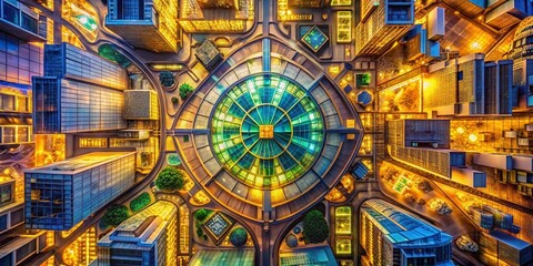 Wall Mural - abstract art deco aerial cityscape: vibrant blue yellow sectors glowing on beige