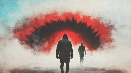 Wall Mural - two hooded figures walk toward a fiery, ominous, abstract background. a mysterious and moody scene.