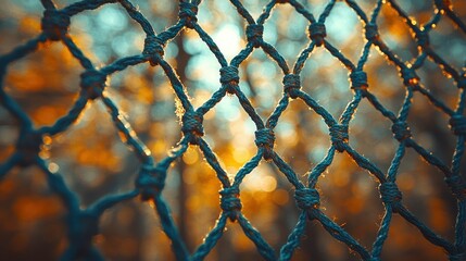 Blue Rope Netting with an Autumnal Blurred Bokeh Background in Sunlight
