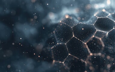 Poster - Abstract dark blue honeycomb structure with glowing particles.