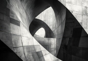 Poster - Abstract architectural design with intricate curves and sharp angles showcasing modern concrete structures and innovative architectural forms in grayscale tones
