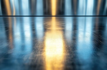 Poster - Abstract close-up of a shiny metallic surface reflecting warm and cool light with blurred background creating an artistic and modern vibe