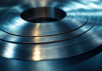 Poster - Abstract close-up of metallic vinyl record grooves reflecting light showcasing texture and shadows on a dark surface creating a moody atmosphere