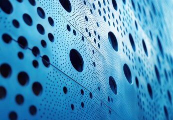 Poster - Abstract close-up of perforated blue metal surface with a striking pattern of holes and shadows illustrating texture, depth, and artistic design elements