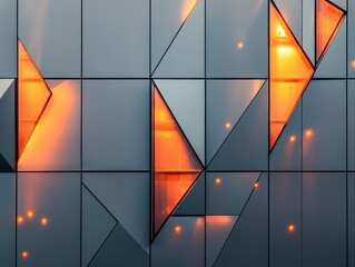 Poster - Abstract close-up of modern architectural wall design featuring geometric shapes and illuminated elements creating a vibrant visual pattern