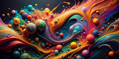 Poster - Abstract Colorful Blobs, Drone View, Black Background, Swirling Paint, Aerial Photography