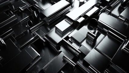 Poster - Abstract composition of shiny metallic blocks and shapes, reflecting light and creating intricate patterns in a modern digital art style