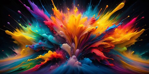 Poster - Abstract Colorful Explosion Painting, Black Canvas, High Depth of Field, Vivid Colors, Modern Art