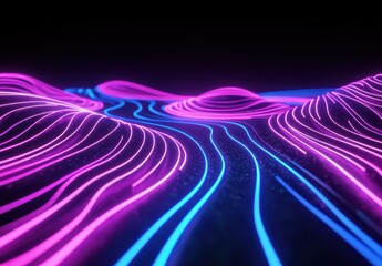 Poster - Abstract Digital Landscape with Flowing Lines and Neon Colors in Pink and Blue Against a Dark Background for Futuristic Concepts