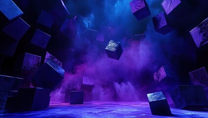 Poster - Abstract floating cubes in a vibrant purple and blue misty atmosphere, creating a surreal and ethereal environment for creative projects