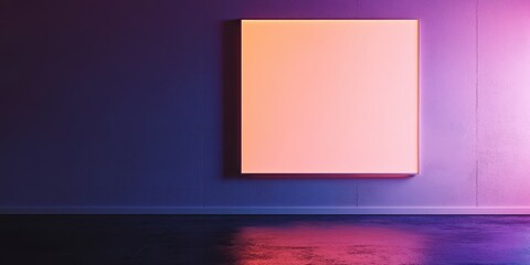 Poster - Abstract geometric background with illuminated square panel in gradient colors creating a modern and artistic atmosphere in an indoor setting