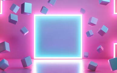 Poster - Abstract geometric scene with floating cubes and neon square frame in vibrant pink and blue colors for modern design concepts