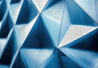 Poster - Abstract geometric patterns in blue tones showcasing modern architectural design, featuring sharp angles, textures, and unique perforations for aesthetic appeal