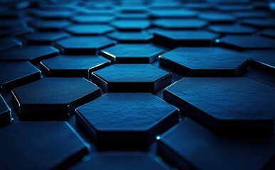 Poster - Abstract hexagonal shapes in dark blue tones creating a modern textured background for technology, innovation, digital art, or design purposes
