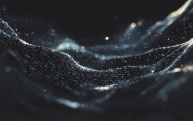 Fototapete - Abstract dark blue wave of glowing particles on black background.