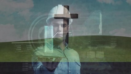 Poster - Engineer in hard hat using digital animation interface over landscape