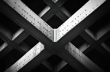 Poster - Abstract Symmetrical Architecture of a Cross-braced Steel Structure Under a Bridge in Black and White with Dramatic Shadows and Textures