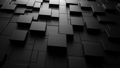 Poster - Abstract texture of black square blocks arranged in a geometric pattern creating an illusion of depth and dimension in a minimalist style