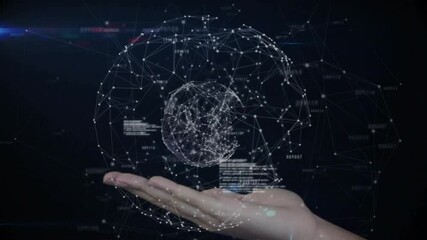 Poster - Holding digital globe, hand showing network connections and animation data visualization