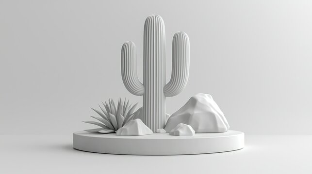Cactus and desert plants on a platform in a studio setting against white backdrop