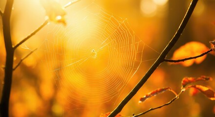 Wall Mural - spider web on branches backlit by golden autumn sunlight