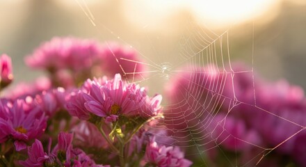 Wall Mural - spider web glistening with dew amidst pink flowers in morning light