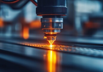 Poster - Close-up of a Precision Laser Cutting Machine in Action with Vibrant Orange Light and Detailed Focus on Material Processing in an Industrial Setting