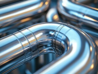 Poster - Close-Up of Gleaming Metal Pipes with Smooth Curves Highlighting Industrial Design and Engineering Expertise in Modern Infrastructure Construction