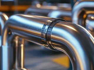 Poster - Close-Up of Gleaming Stainless Steel Pipe Fittings in Industrial Setting, Perfect for Engineering, Manufacturing, and Technical Projects