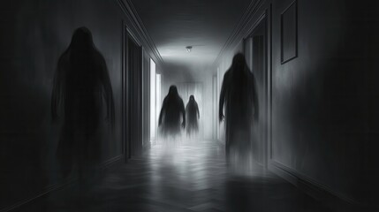 Poster - Dark corridor filled with shadowy figures and ghostly apparitions under flickering lights evokes strong horror feelings