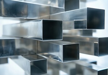 Poster - Close-up of Intersecting Stainless Steel Pipes Highlighting Modern Industrial Design and Manufacturing Materials in a Bright Environment