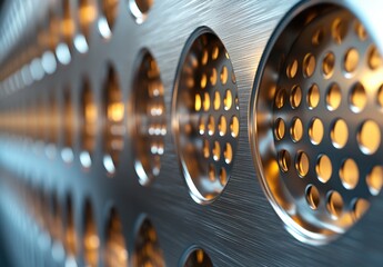 Poster - Close-Up of Polished Metal Surface with Circular Holes and Soft Orange Lighting, Highlighting Texture and Modern Design Elements